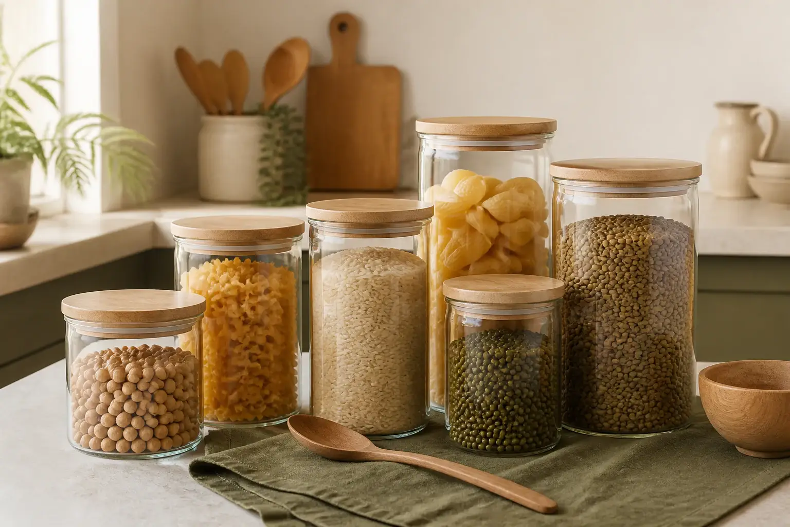Tarros genéricos con pasta, arroz y legumbres organizados en una despensa
