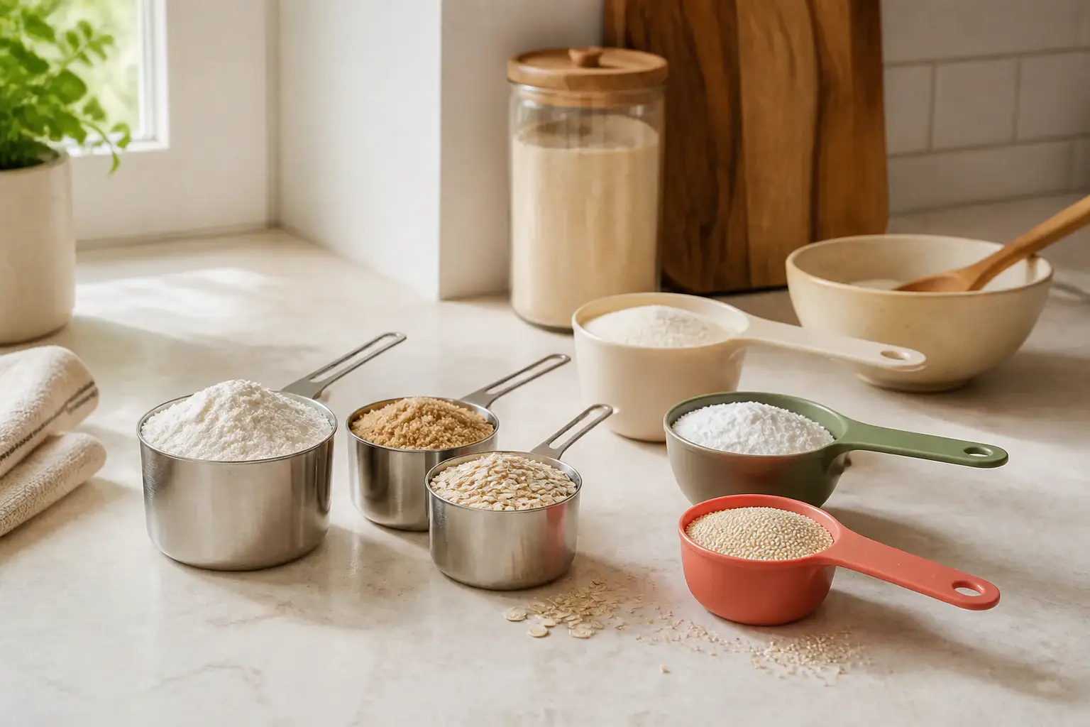 Qué tazas medidoras para ingredientes secos comprar representada con utensilios genéricos en una cocina doméstica