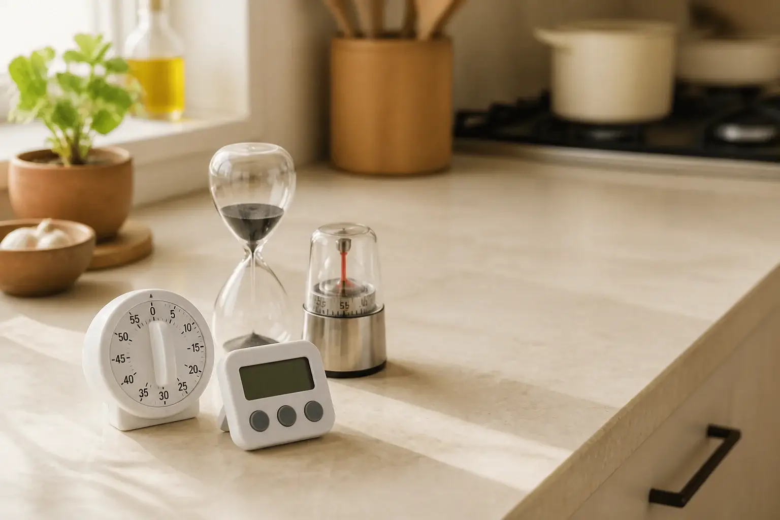 Qué temporizador de cocina comprar representada con utensilios genéricos en una cocina doméstica