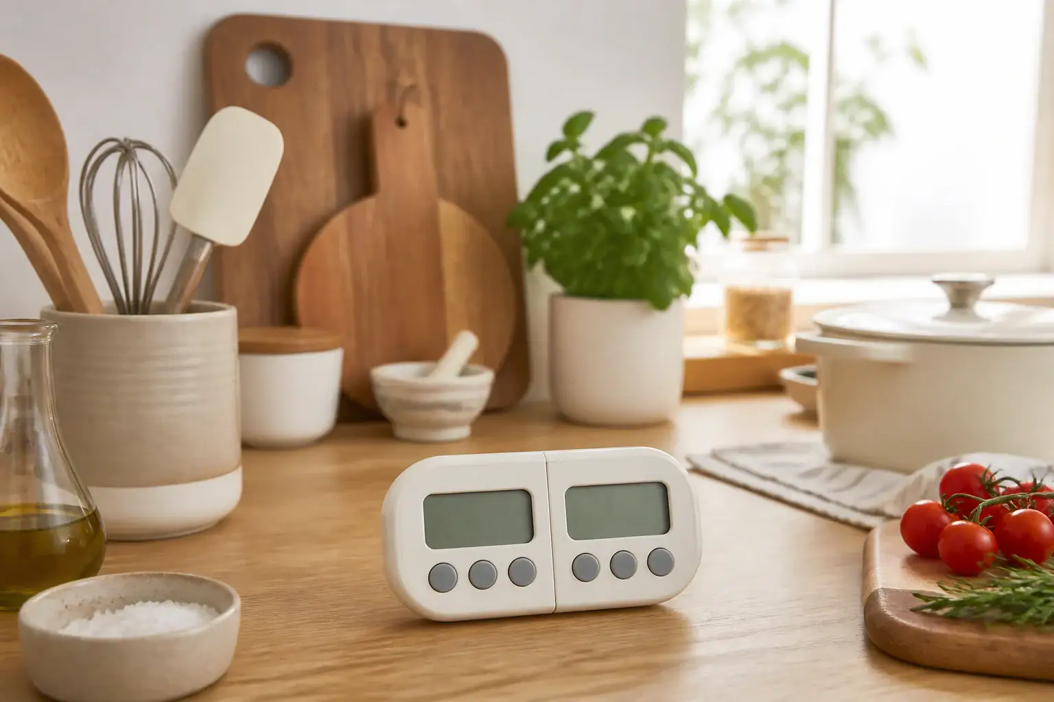 Qué temporizador doble de cocina comprar representada con utensilios genéricos en una cocina doméstica