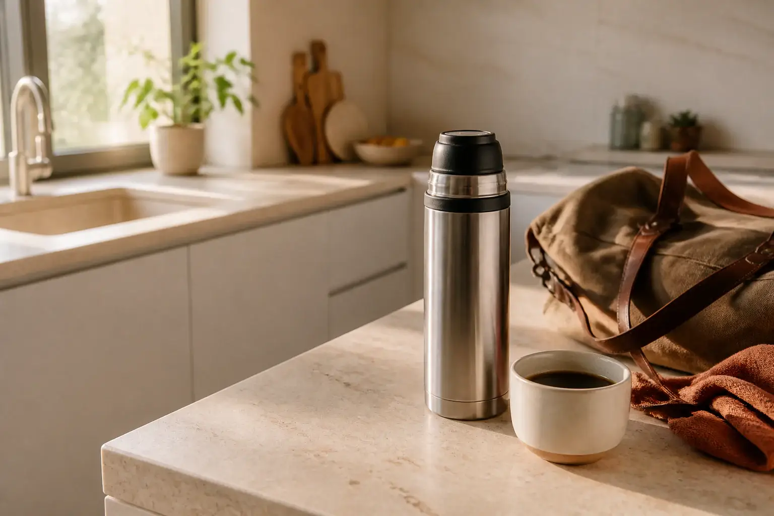 Termo genérico junto a una taza de café y una bolsa de trabajo