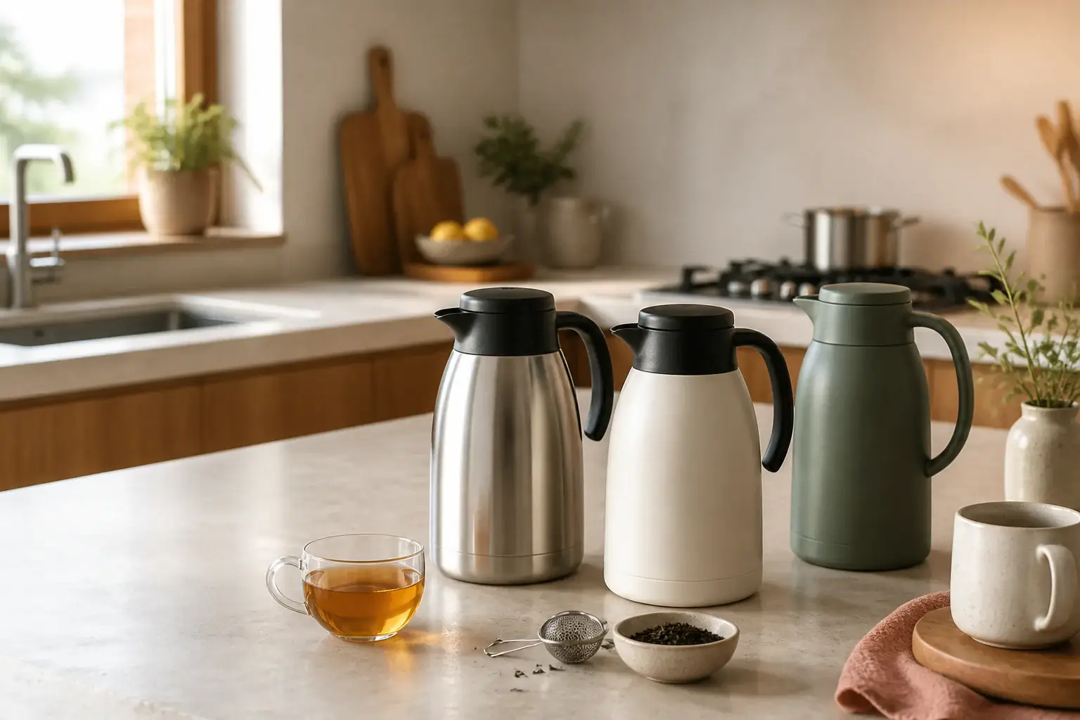 Qué termo para té comprar representada con utensilios genéricos en una cocina doméstica