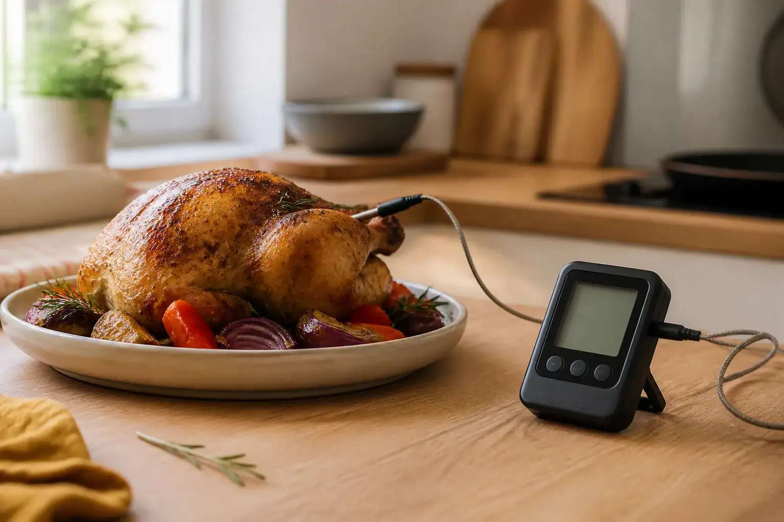 Termómetro digital de cocina genérico junto a alimentos cocinados
