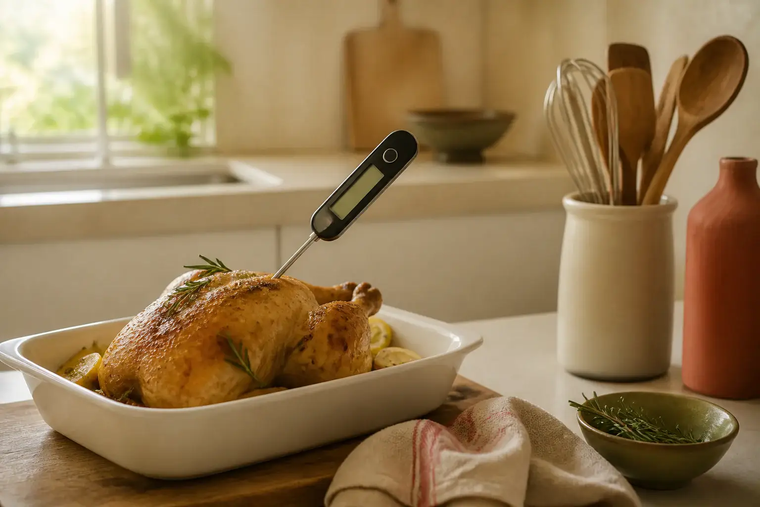 Termómetro digital de cocina genérico junto a alimentos cocinados