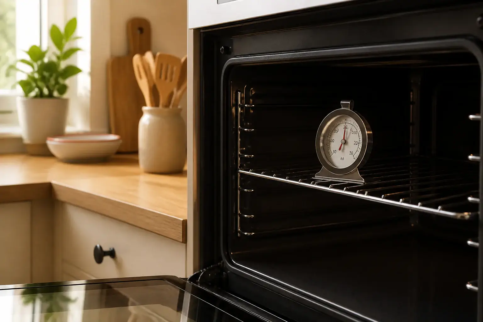 Termómetro de horno genérico dentro de un horno doméstico apagado