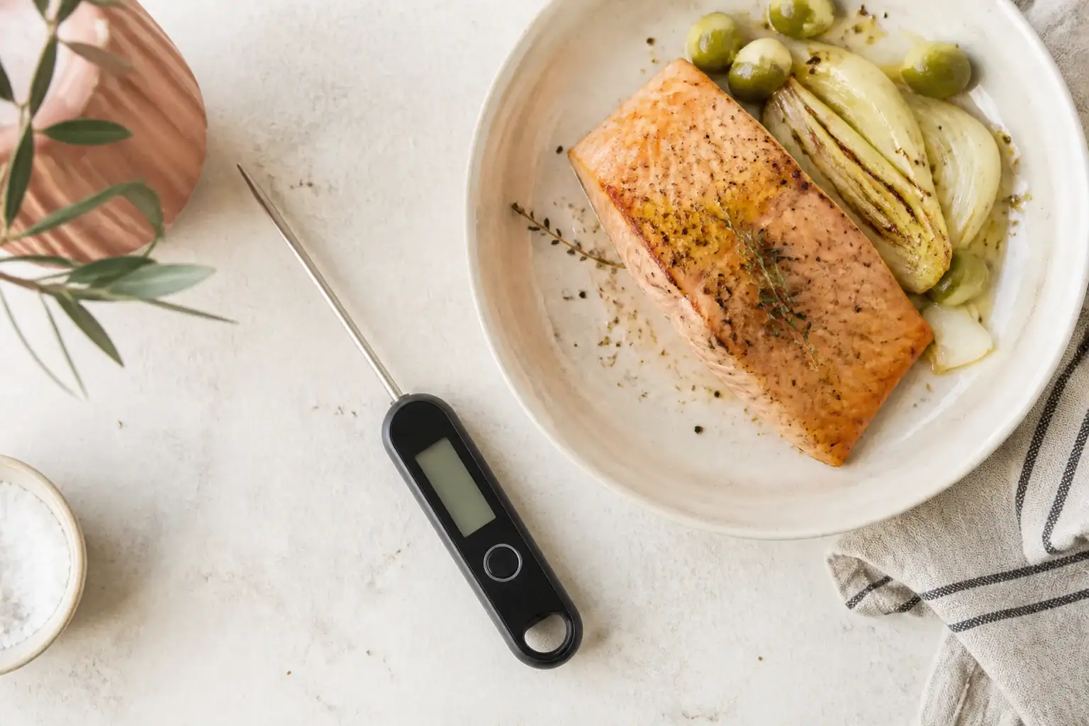 Termómetro digital de cocina genérico junto a alimentos cocinados