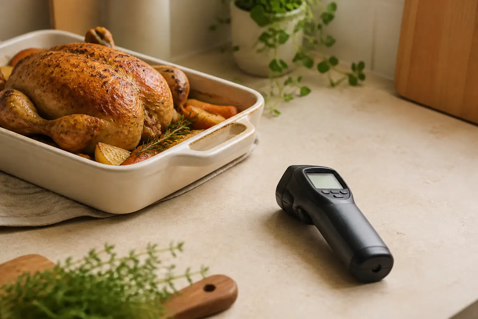 Termómetro digital de cocina genérico junto a alimentos cocinados
