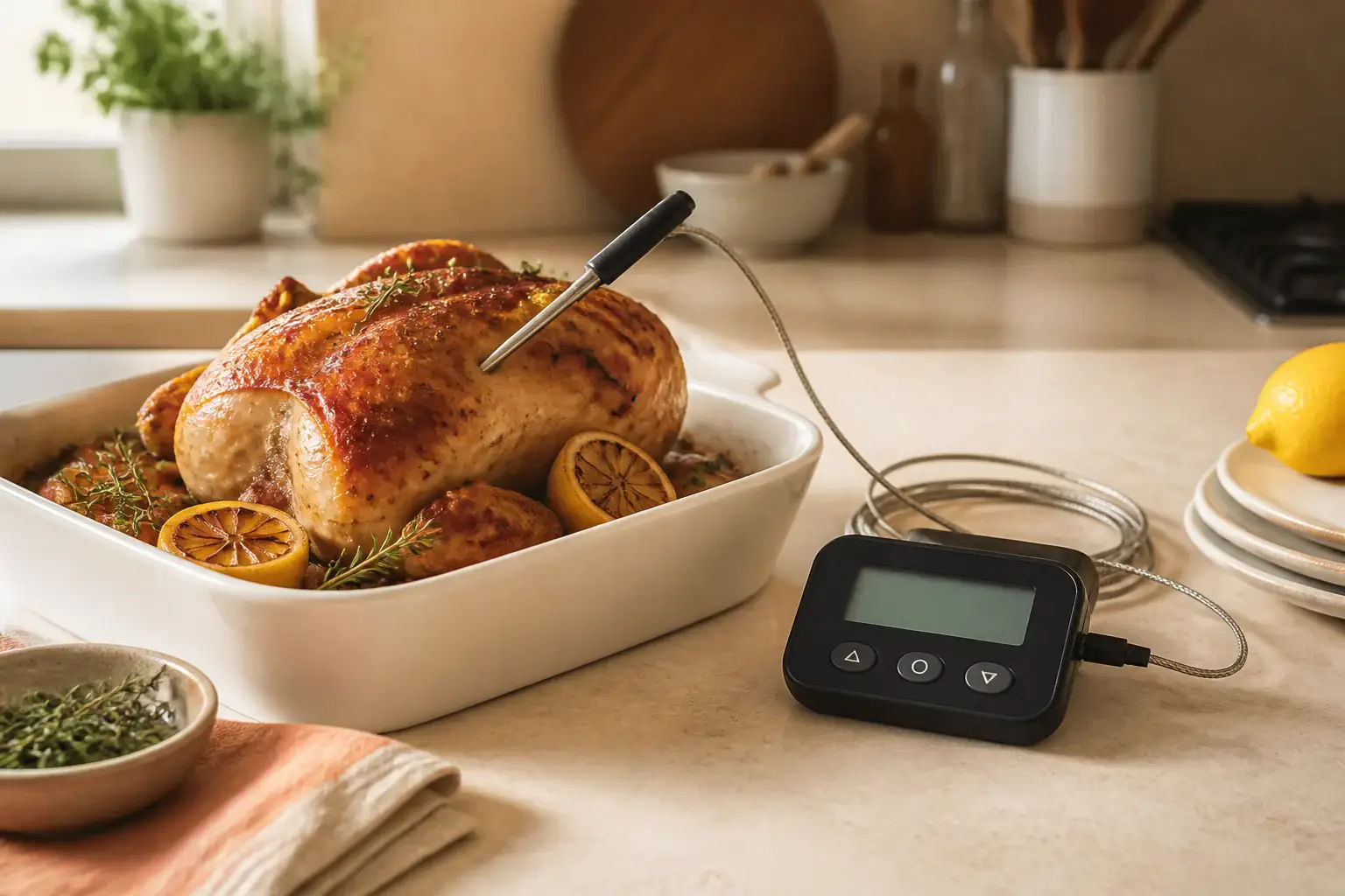 Termómetro digital de cocina genérico junto a alimentos cocinados