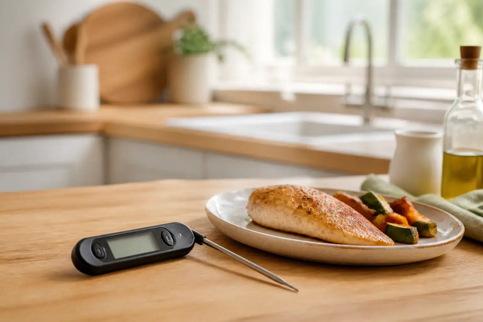 Termómetro digital de cocina genérico junto a alimentos cocinados