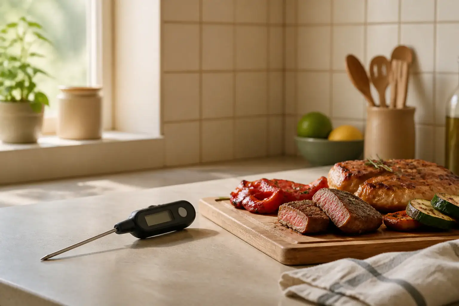 Termómetro de cocina genérico junto a alimentos preparados para barbacoa