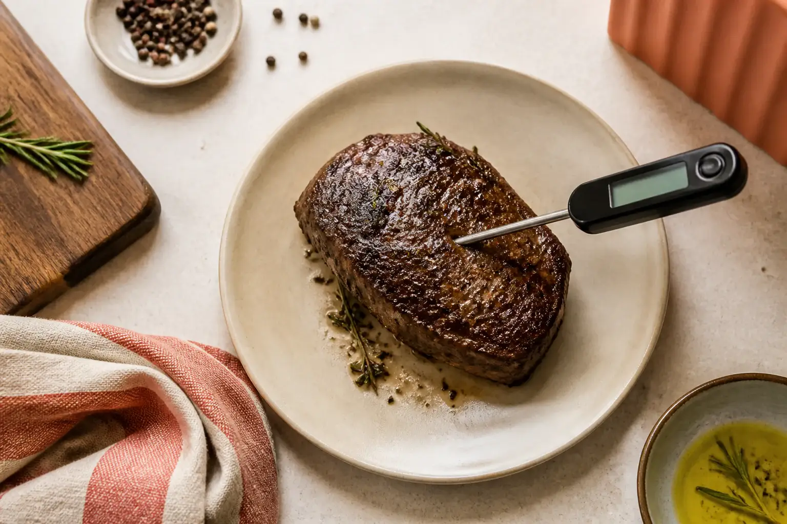 Termómetro de cocina genérico midiendo una pieza de carne cocinada
