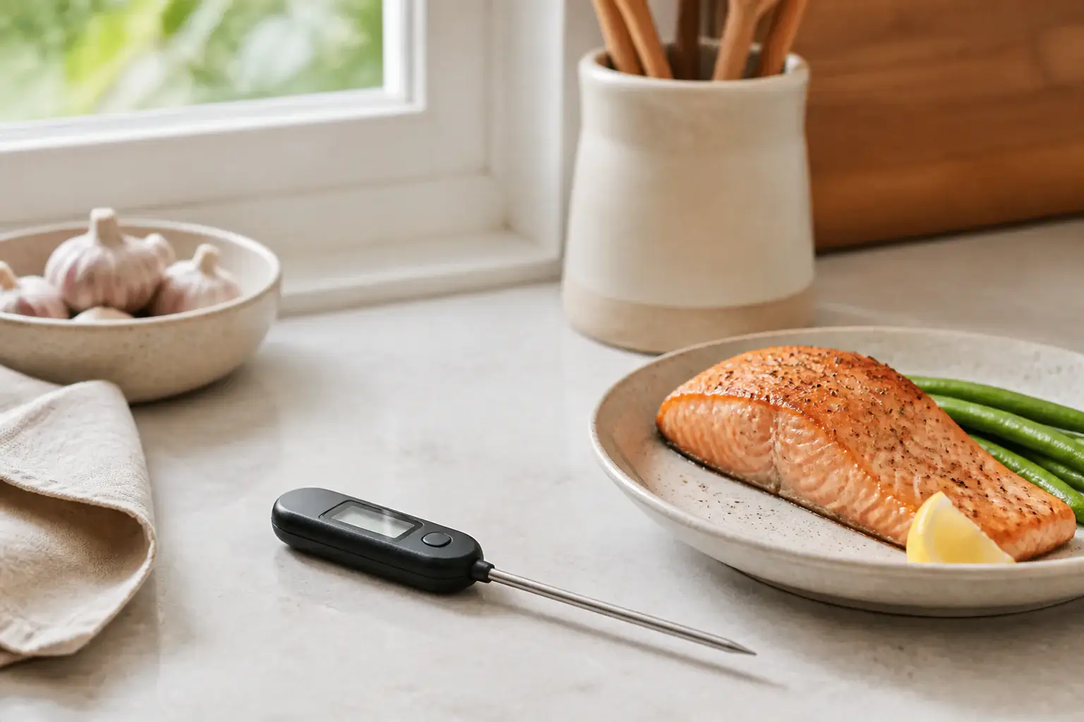 Termómetro digital de cocina genérico junto a alimentos cocinados