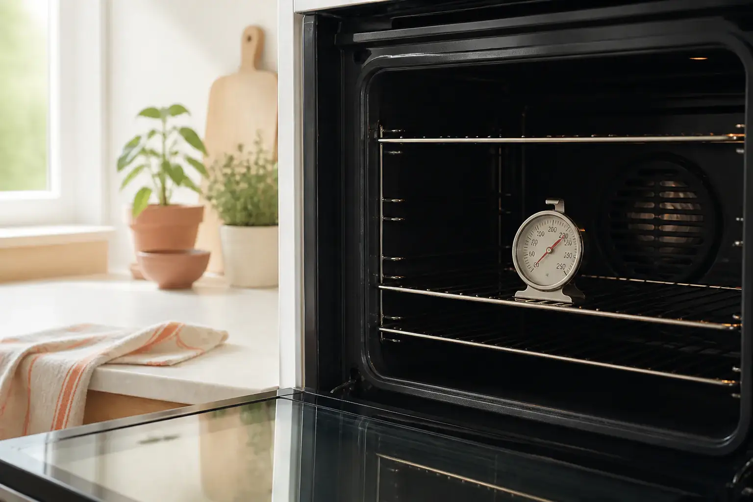 Termómetro de horno genérico dentro de un horno doméstico apagado