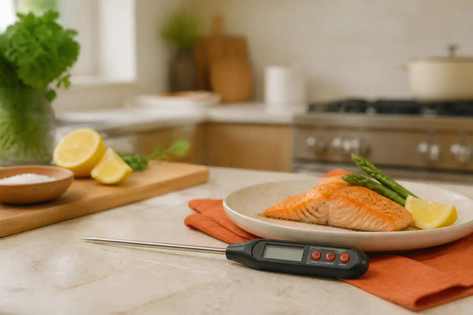 Termómetro digital de cocina genérico junto a alimentos cocinados