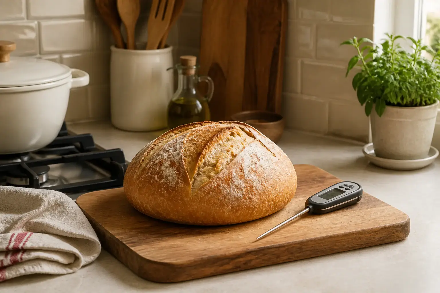 Termómetro digital de cocina genérico junto a alimentos cocinados