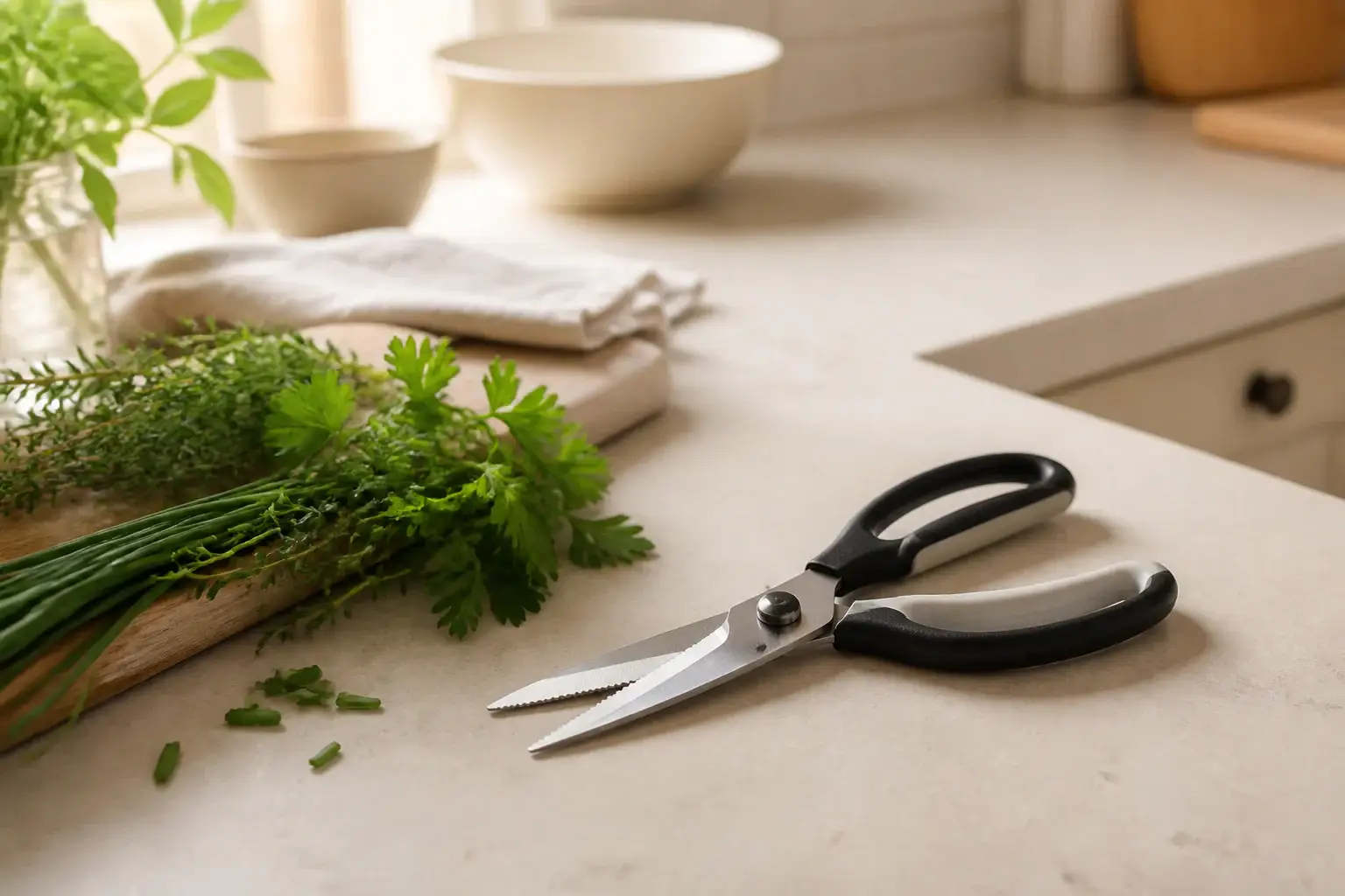 Tijeras de cocina genéricas junto a hierbas frescas cortadas