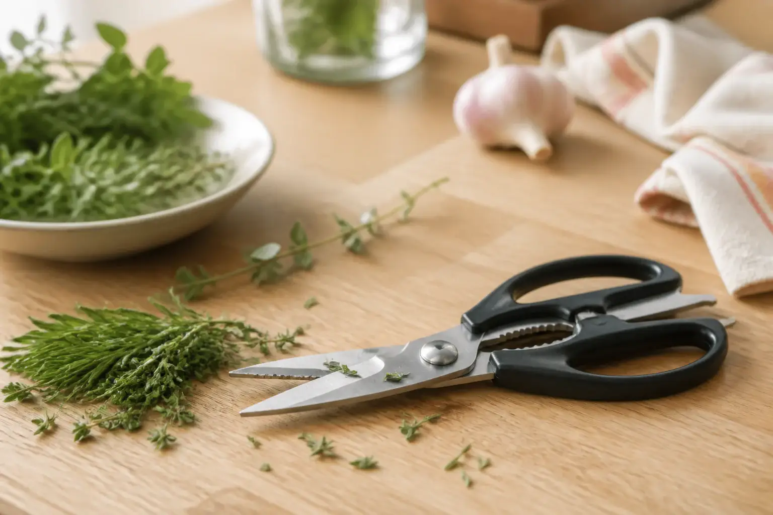 Tijeras de cocina genéricas junto a hierbas frescas cortadas