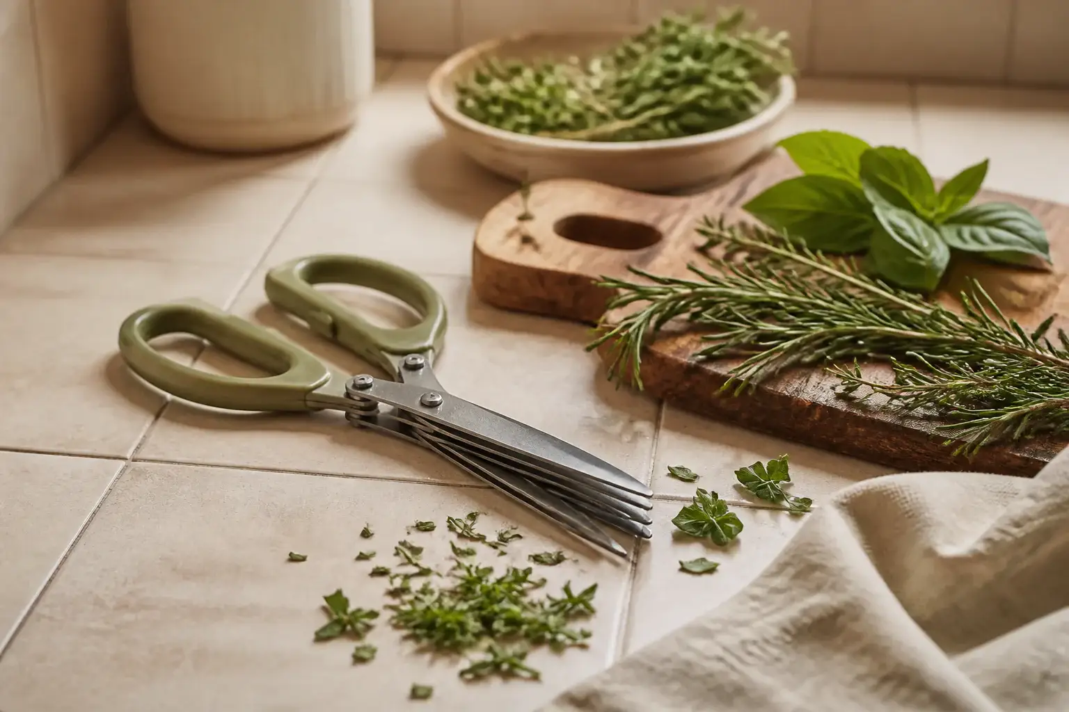 Tijeras de cocina genéricas junto a hierbas frescas cortadas