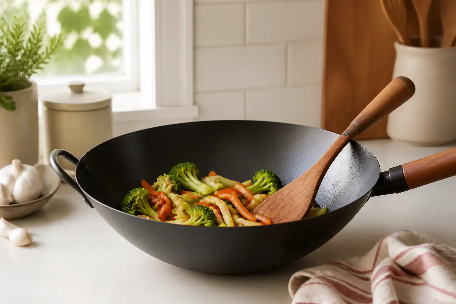 Wok genérico con verduras salteadas y utensilio de madera