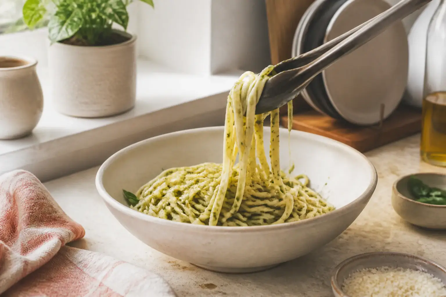 Utensilios genéricos sirviendo pasta desde una fuente de cerámica