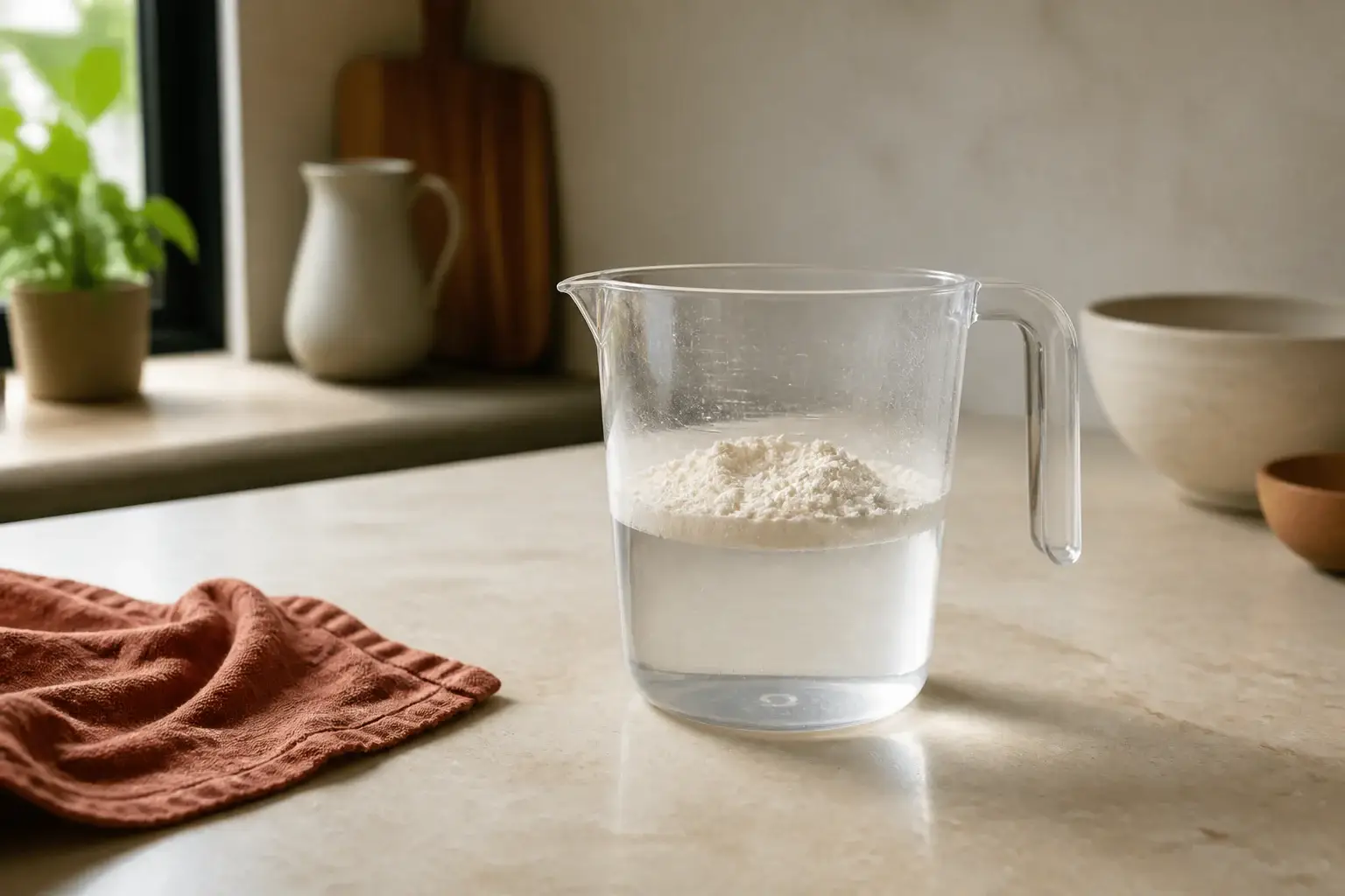 Vaso medidor genérico con agua y harina sobre una encimera