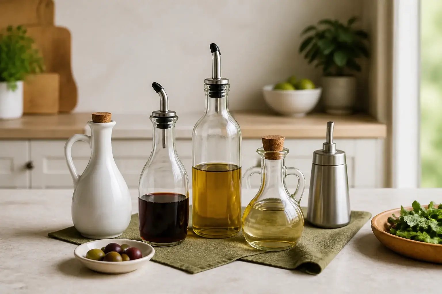 Qué vinagrera comprar representada con utensilios genéricos en una cocina doméstica