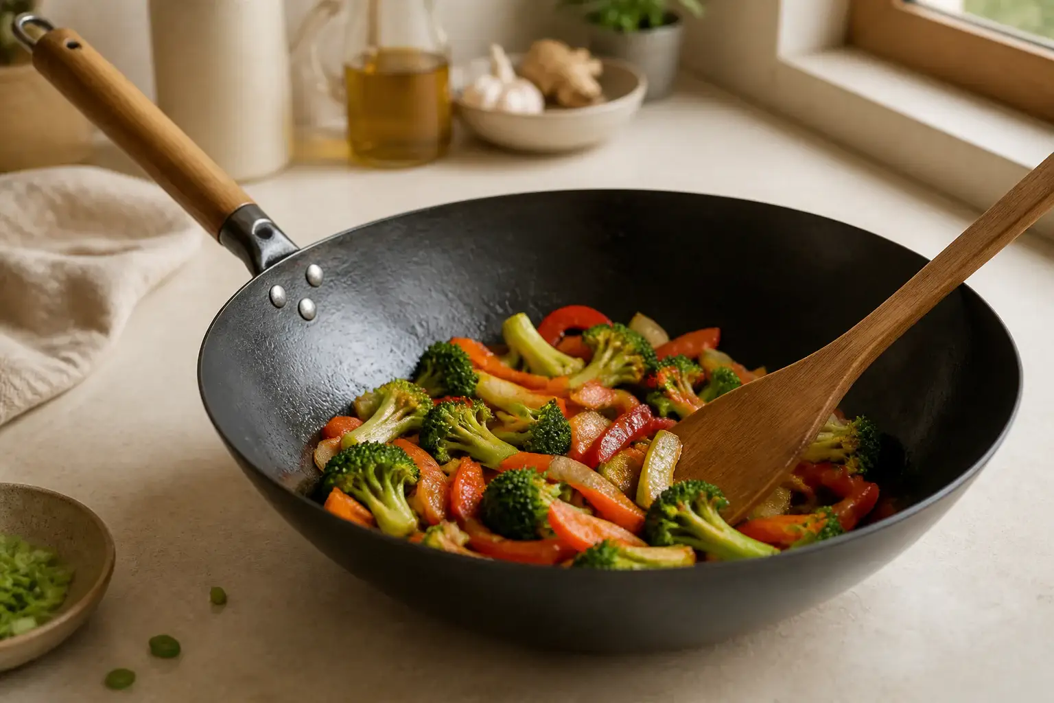 Wok genérico con verduras salteadas y utensilio de madera