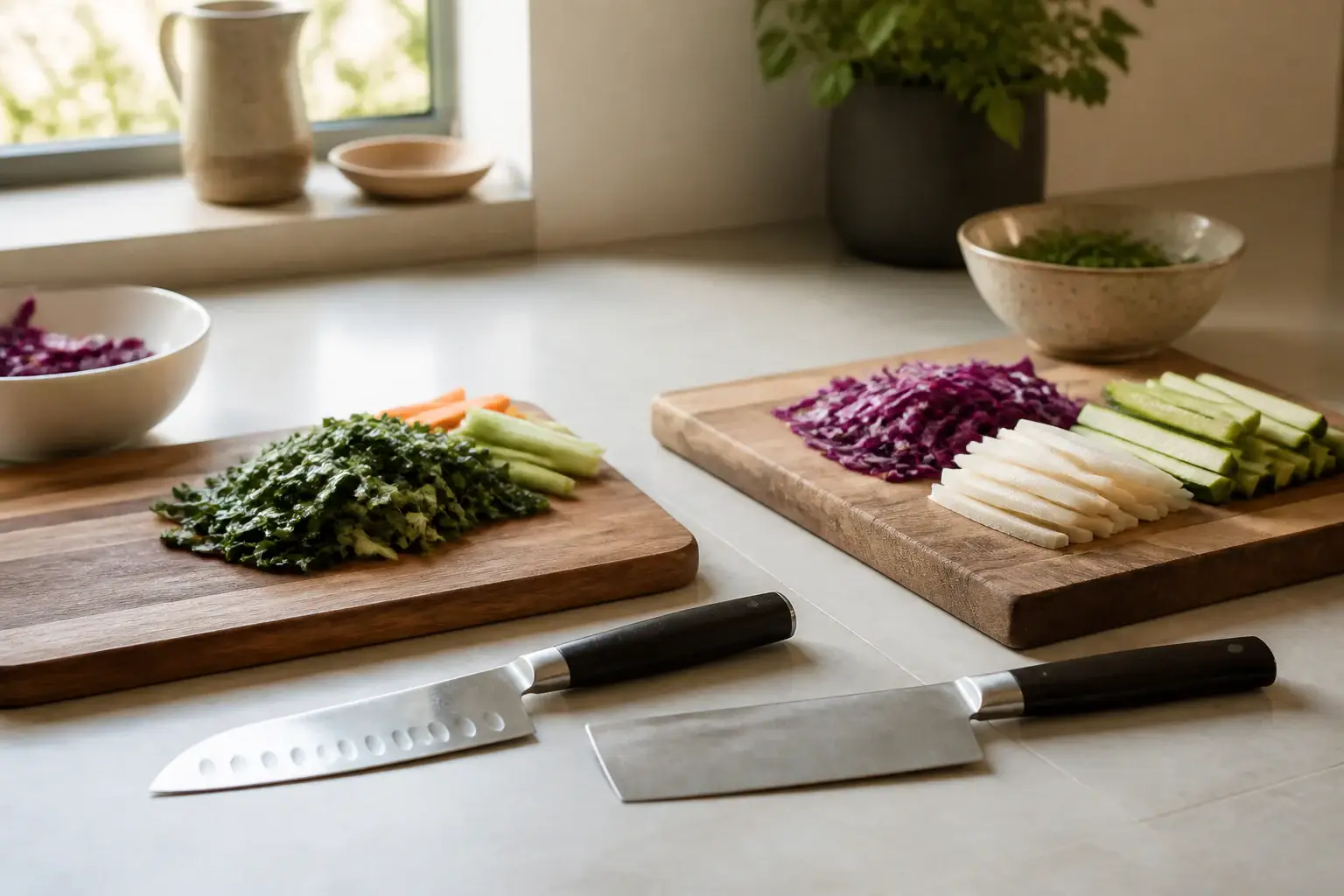 Santoku o nakiri para verduras representada con utensilios genéricos en una cocina doméstica