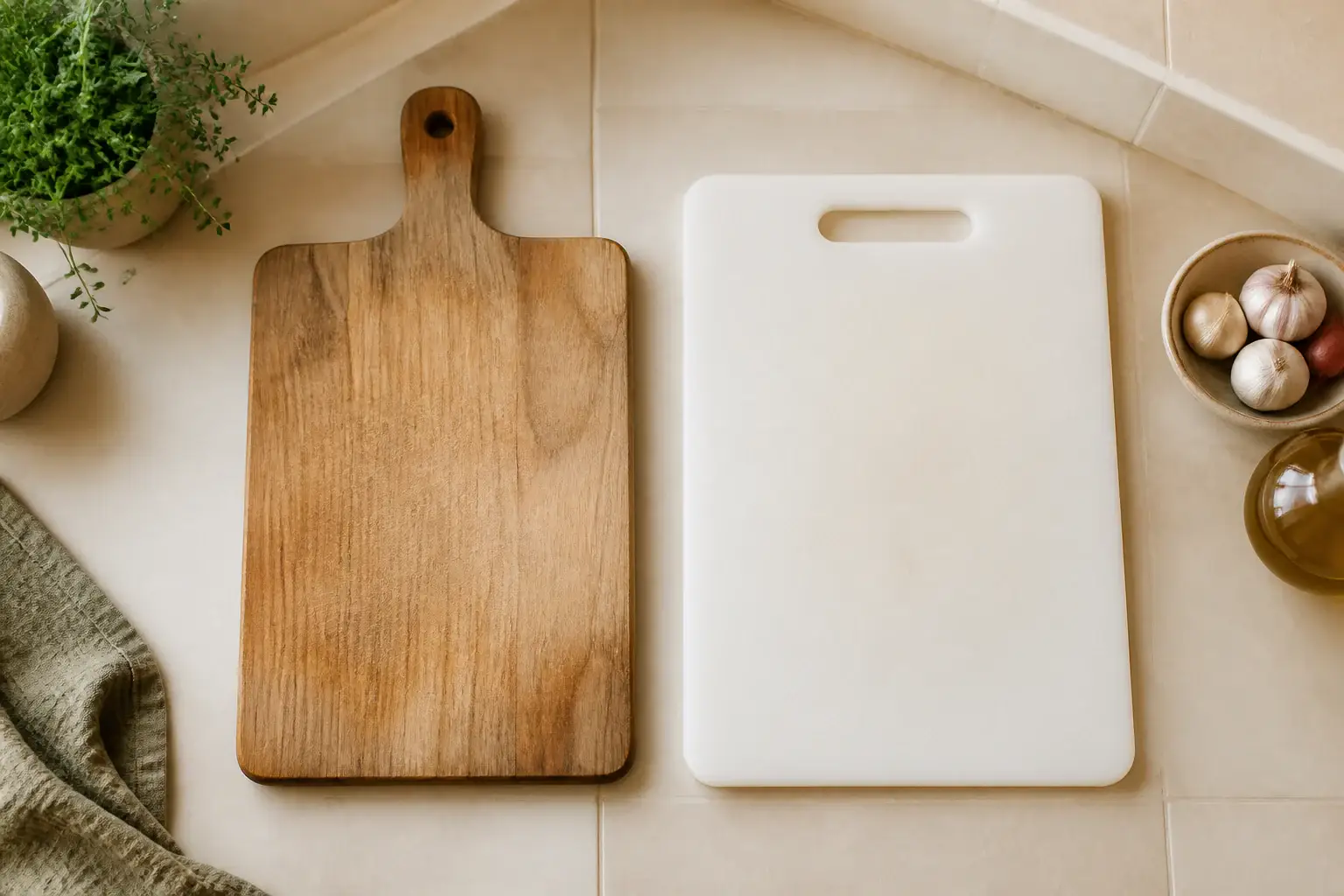 Tabla de madera y tabla plástica genéricas colocadas lado a lado