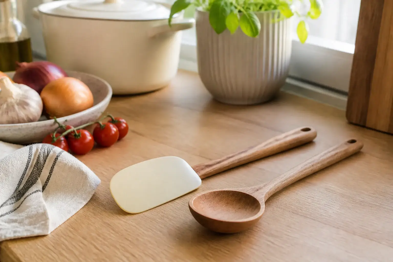 Espátula de silicona y utensilio de madera genéricos colocados juntos