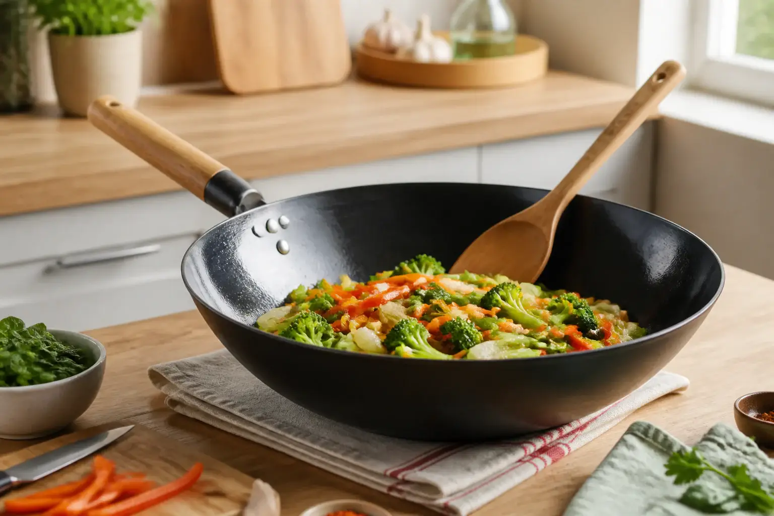 Wok genérico con verduras salteadas y utensilio de madera